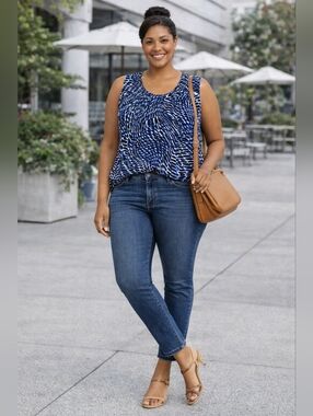 Jones Studio Blue Abstract Blouse 1X Flowy Tank Work to Weekend